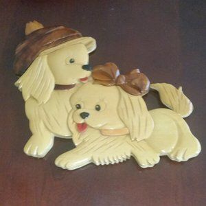 Vintage carved wood dog plaque EUC